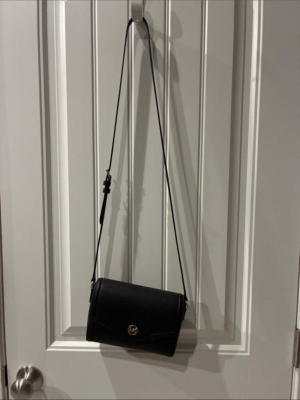 Michael Kors Black Pebbled Leather Flap Crossbody with Gold MK Accent
